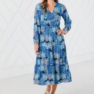 Sail To Sable Women's S Long Sleeve‎ Blue Coral Print Midi Dress Coastal Resort